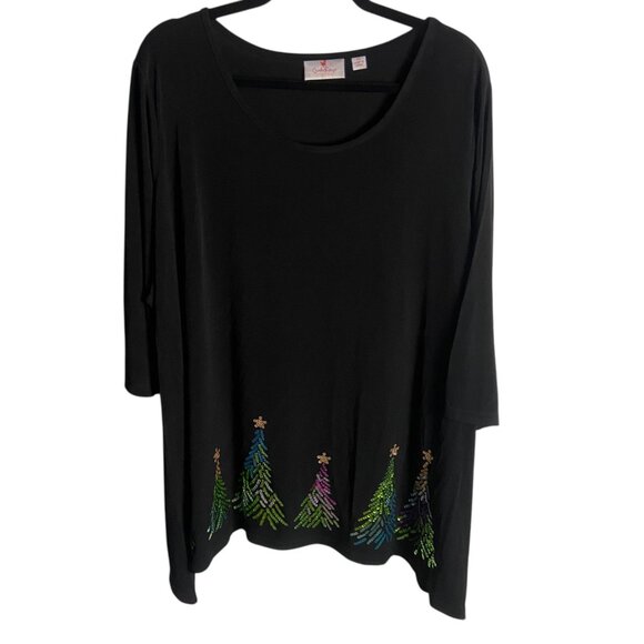 Quacker Factory Size 2x Stretch Black Sequin Christmas Tree Blouse Top Festive - Picture 1 of 5